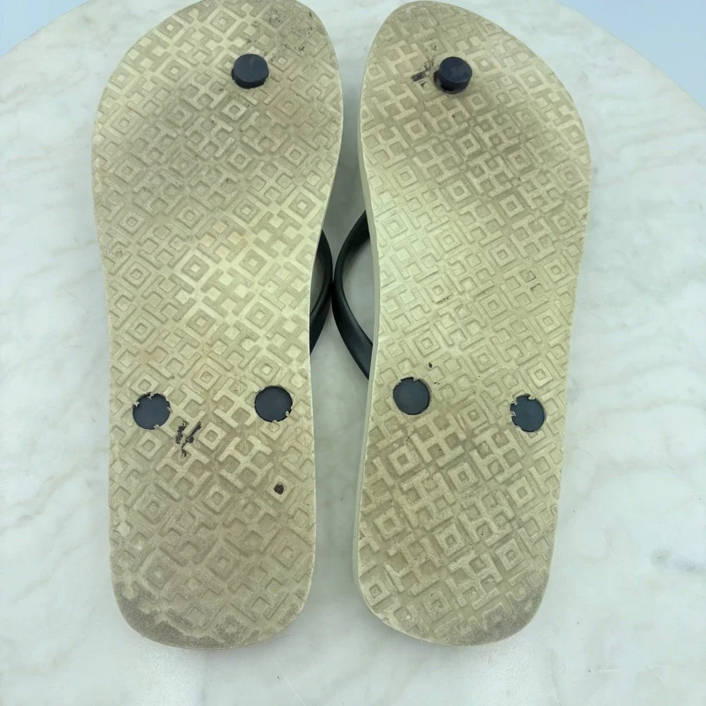 Tory Burch Flip Flops Women Size‎ 9 Navy Blue Floral Logo Sandals Resort Beach